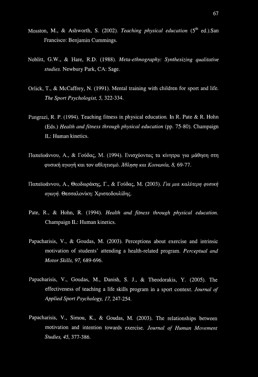 Teaching fitness in physical education. In R. Pate & R. Hohn (Eds.) Health and fitness through physical education (pp. 75-80). Champaign IL: Human kinetics. Παπαϊωάννου, A., & Γούδας, M. (1994).