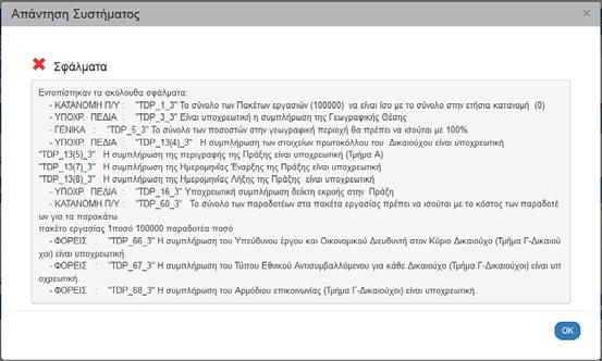 Το σύστημα εκτελεί τους ελέγχους επικύρωσης και εμφανίζει αναδυόμενο παράθυρο, το οποίο είτε είναι κενό: είτε εμφανίζει σφάλματα και προειδοποιήσεις που εντοπίστηκαν.