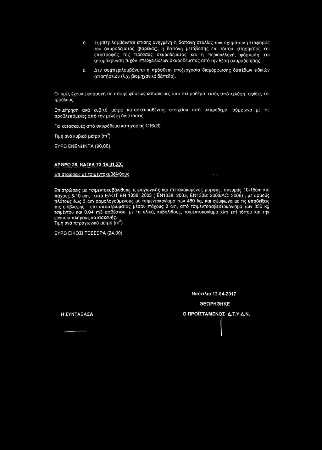 Οι τιμές έχουν εφαρμογή σε πάσης φύσεως κατασκευές από σκυρόδεμα, εκτός από κελύφη, αψίδες και τρούλους.