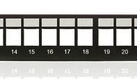 poniklovaná oceľ s antikoróznou úpravou čierna RAL9005 štruktúrovaný, matný Patch panel 0 pre 8xRJ45 neosadený P/N: RAB-PP-X0-C4 určený pre montáž do 0 rozvádzačov integrovaný zadný káblový