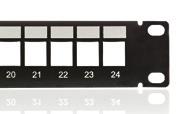 Patch panel pre 24xRJ45 neosadený P/N: KEP-EMPTY-S určený pre montáž do 9 rozvádzačov integrovaný zadný káblový menežment sťahovacie pásky na uchytenie káblov (24 ks) sada skrutiek M6 s plávajúcimi