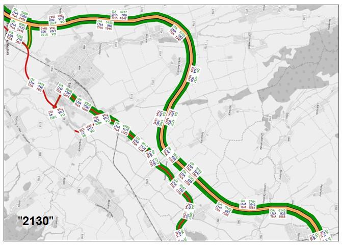 Obrázok 9 Príklad cestných modifikácií R8 Topoľčany - Rybany, rok "2130" (zdroj: dopravný model SR) Poznámka: Vyššie uvedené obrázky slúžia len ako ilustrácia vykonávaných modifikácií dopravnej