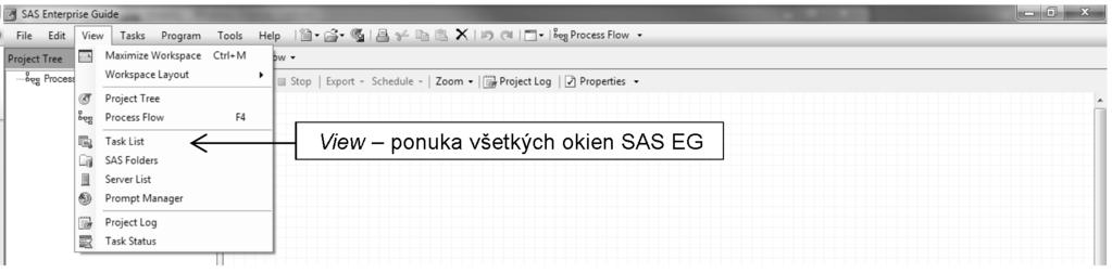 riešeé PRÍKLADY V systéme SAS 45 Obr. 6.1 Úvodé oko SAS EG Obr. 6. Základé oká v SAS EG Na začiatku je pre ový práve otvoreý SAS EG projekt oko Project Tree prázde (pozri obr. 6.).