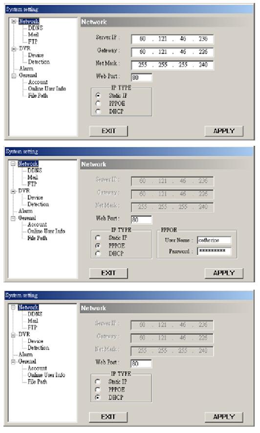 Systémové nastavenia zahrňujú: Network, DDNS, Account, Online User, Alarm, Mail, FTP, Alarm Database, File Path, Device, Detection, Camera, a Toolbox.