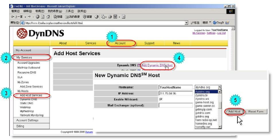 DNS Host zadajte a zvoľte hostname kliknite na Add Host. DDNS Hostname je vytvorené.