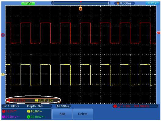 Obrázok 7-2 Meranie zosilnenie Obvodu Príklad 3: Zachytenie osamoteného Signálu Tento digitálny osciloskop si drží vedúce postavenie vo vybavení meracími funkciami, ktoré sú schopné zachytiť