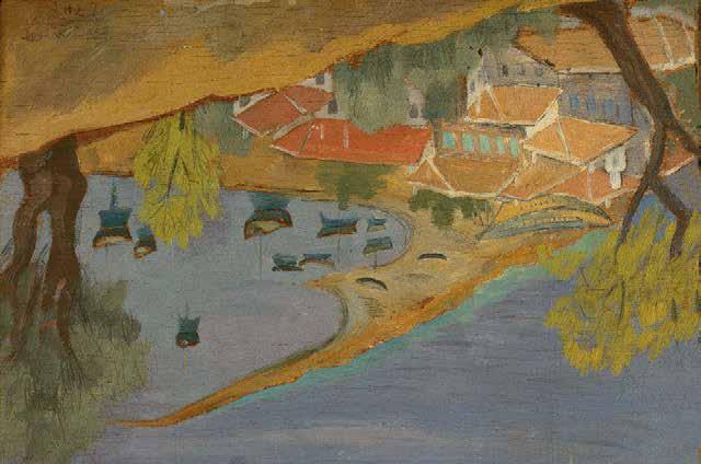 40 Πολύκλειτος Ρέγκος (1903-1984) Γλώσσα, Σκόπελος υπογεγραμμένο και χρονολογημένο κάτω αριστερά: ΠΟΛΥΚΛΕΙΤΟΣ / Ν. ΡΕΓΚΟΣ / 1945 λάδι σε κόντρα πλακέ, 32,5 x 47 cm. 3.000-4.