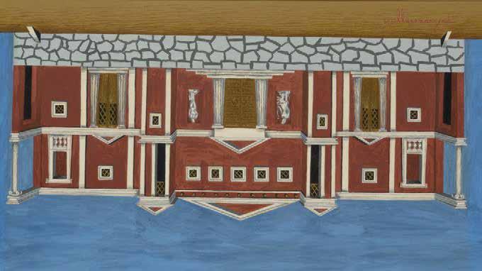 47 Νίκος Εγγονόπουλος (1910-1985) Μακέτα σκηνικού για τον «Ιππόλυτο» του Ευριπίδη υπογεγραμμένη και χρονολογημένη κάτω δεξιά: Ν. Εγγονόπουλος / 64 τέμπερα σε χαρτόνι, 25,5 x 45 cm. 5.000-7.