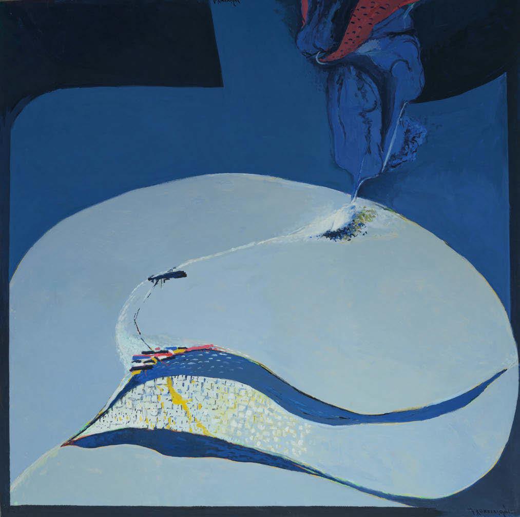 73 Δημοσθένης Κοκκινίδης (γ. 1929) Αιγαίος [1996] υπογεγραμμένο πάνω δεξιά: Δ. Κοκκινίδης ακρυλικό σε μουσαμά, 200 x 200 cm. 7.000-9.000 ΕΚΘΕΣΕΙΣ: Αθήνα, Αστρολάβος, Δ. Κοκκινίδης. Ζωγραφική, 1999 (εικονίζεται στον κατάλογο της έκθεσης).