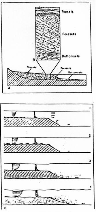 7.1 Δέλτα δομούμενα από ιζήματα φορτίου κοίτης (τύπου Gilbert). 7.1.1 Κυρίως αποθέσεις δελταϊκού μετώπου (foresets) Περιγράφηκαν (Gilbert, 1885) σαν ευρείας κλίμακας διασταυρούμενες στρώσεις ιζήματος