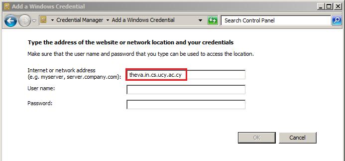 2. Επιλέγουμε Add a Windows credential και στο νέο παράθυρο που θα εμφανιστεί συμπληρώστε τις πληροφορίες που χρειάζονται.