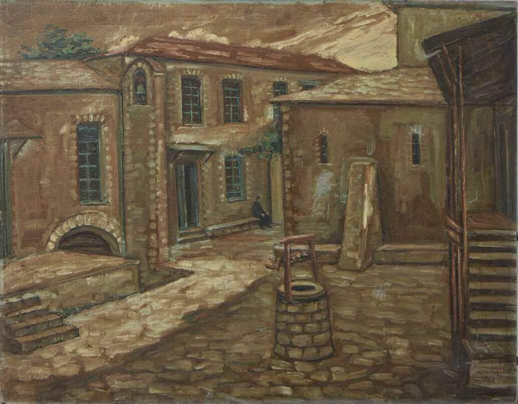 23. ΡΕΓΚΟΣ Πολύκλειτος (1903-1984) Αυλή μοναστηριού 1959; Λάδι σε ξύλο 60 77 εκ υπγρμ & χρνλγμ κ.δ RENGOS Polyklitos (1903-1984) Monastery courtyard 1959 Signed & dated oil on wood 60 77 cm 2.000-2.