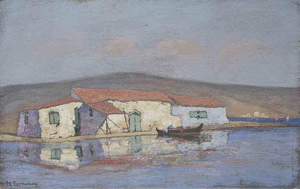 34. ΟΙΚΟΝΟΜΟΥ Μιχαήλ (1884-1933) Σπίτι στην ακρογιαλιά με βάρκα Λάδι σε χαρτόνι 42 66 εκ υπγρμ. κ.α ECONOMOU Michael (1884-1933) House at the seafront with a boat Signed oil on board 42 66 cm 6.000-8.
