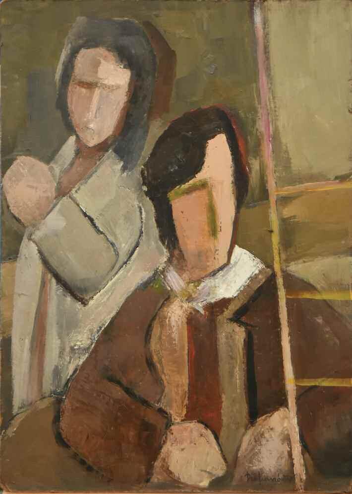 38. ΔΙΑΜΑΝΤΟΠΟΥΛΟΣ Διαμαντής (1914-1995) Η αντιπαράθεση Λάδι σε σελοτεξ 70 50 εκ υπγρμ κ.δ DIAMANTOPOULOS Diamantis (1914-1995) The confrontation Signed oil on hardboard 70 50 cm 2.500-3.