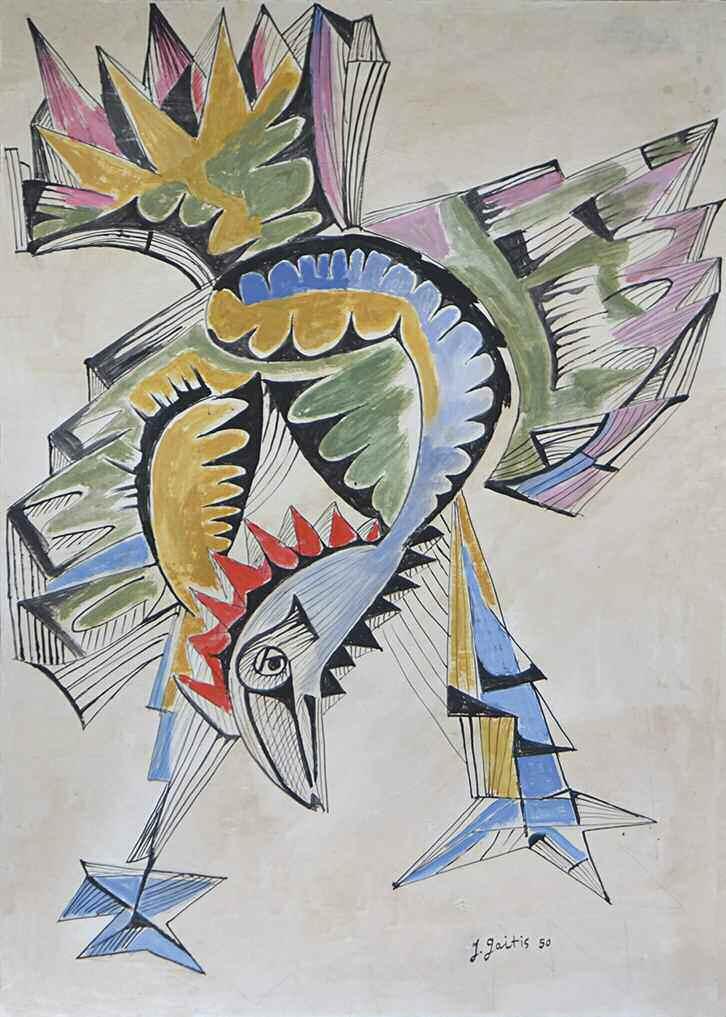 50. ΓΑΪΤΗΣ Γιάννης (1923-1984) Πουλί 1950 Μικτή τεχνική σε χαρτί επικλμ σε χαρτόνι 70 50 εκ υπγρμ & χρνολγμ. κ.