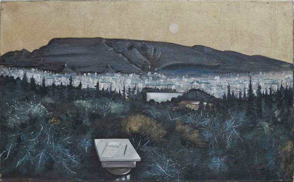 *55. ΒΑΣΙΛΕΙΟΥ Σπύρος (1902-1985) Αθήνα με φεγγάρι 1980 Μικτή τεχνική/ακρυλικά & χρυσό σε καμβά επικλμ. σε καμβά 50 80 εκ υπγρμ κ.