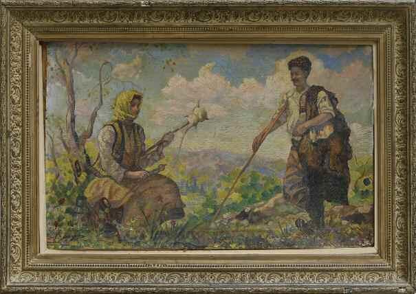 69. ΝΤΟΥΜΑΣ Χαράλαμπος (1910-1991) Ο βοσκός και η χωριατοπούλα Λάδι σε χαρτόνι 44 71
