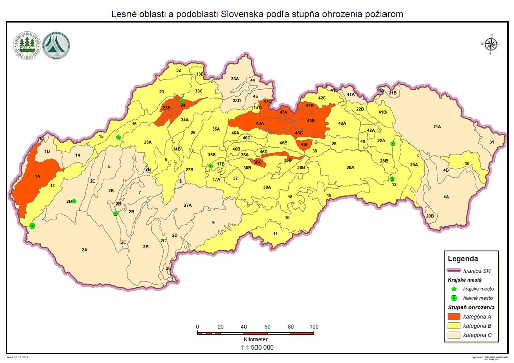 LESNÉ OBLASTI A PODOBLASTI PODĽA STUPŇA OHROZENIA POŽIAROM Lesné oblasti a podoblasti s vysokým resp.