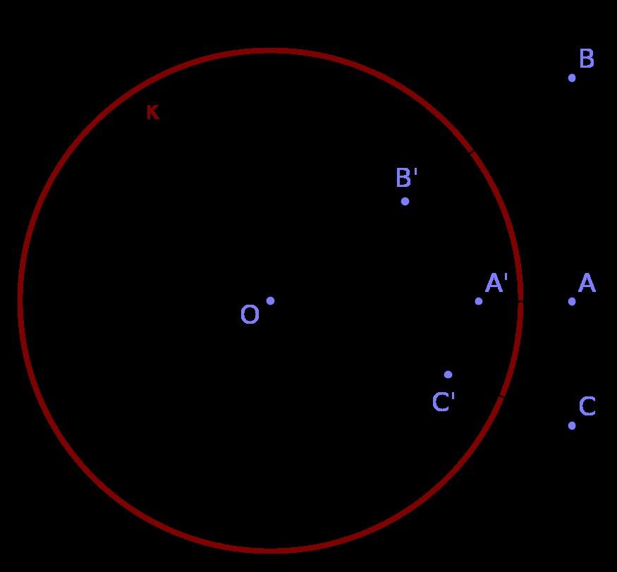 A' B '= r 2 OA OB AB και AB= r 2 OA' OB ' A' B ' Είναι εύκολο να δούμε ότι τα σημεία που βρίσκονται έξω από την περιοχή που φράσσεται από τον κύκλο αντιστροφής, μετασχηματίζονται σε σημεία στο