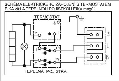 Ohrievač sa k elektrickej sieti pripája pevným pohyblivým vodičom, v ktorom je osadený vypínač, odpájajúci všetky póly siete a istič (chránič). Stupeň krytia elektrických častí ohrievača je IP 44.
