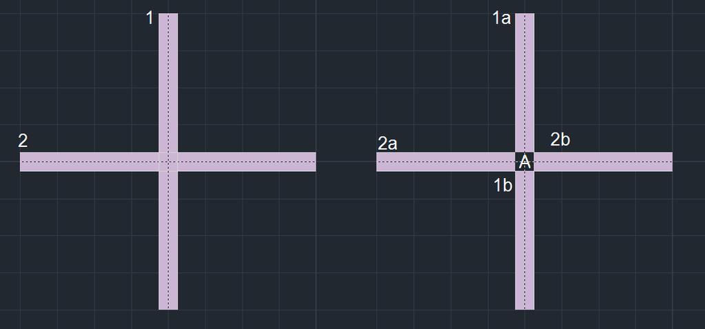 Σκοπός : δημιουργία έμμεσης στήριξη μορφής T. Σχεδιάστε τη δοκό 1 έτσι ώστε να σταματάει λίγο πριν τη δοκό 2. Επιλέξτε την εντολή και δείχνετε διαδοχικά τις δοκούς 1 και 2. Η σειρά δεν έχει σημασία.