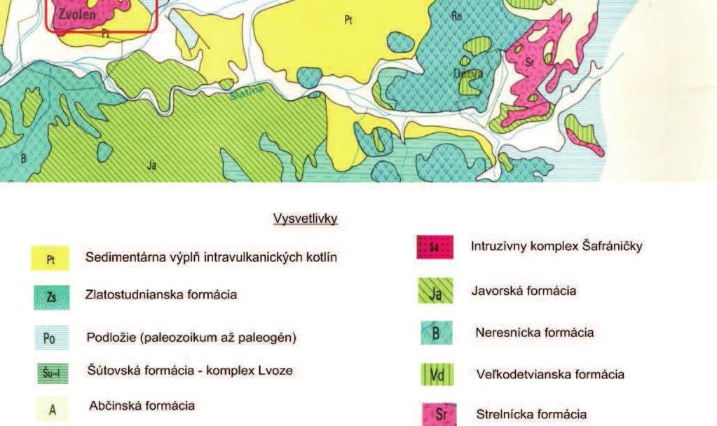 V nadloží sa nachádza stratovulkanický komplex explozívno-efuzívnych hornín (amfibolicko-pyroxénické andezity a vulkanoklastiká s prevahou epiklastík) formácie