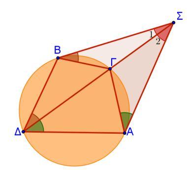 α) i) Τα τρίγωνα ΣΒΓ και ΣΔΒ έχουν : ˆ κοινή ˆ ˆ (γωνία χορδής και εφαπτομένης ίση με την εγγεγραμμένη που βαίνει στο αντίστοιχο τόξο της χορδής) Άρα τα τρίγωνα είναι όμοια ii) Τα τρίγωνα ΣΑΓ και ΣΔΑ