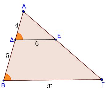 α) Τα τρίγωνα ΑΒΓ και ΑΔΕ έχουν : ˆ κοινή ˆ ˆ (εντός εκτός και επί τα αυτά των παραλλήλων ΔΕ και ΒΓ που τέμνονται από τη ΒΓ) Άρα τα τρίγωνα είναι όμοια β) Από την ομοιότητα των τριγώνων ΑΒΓ και ΑΔΕ