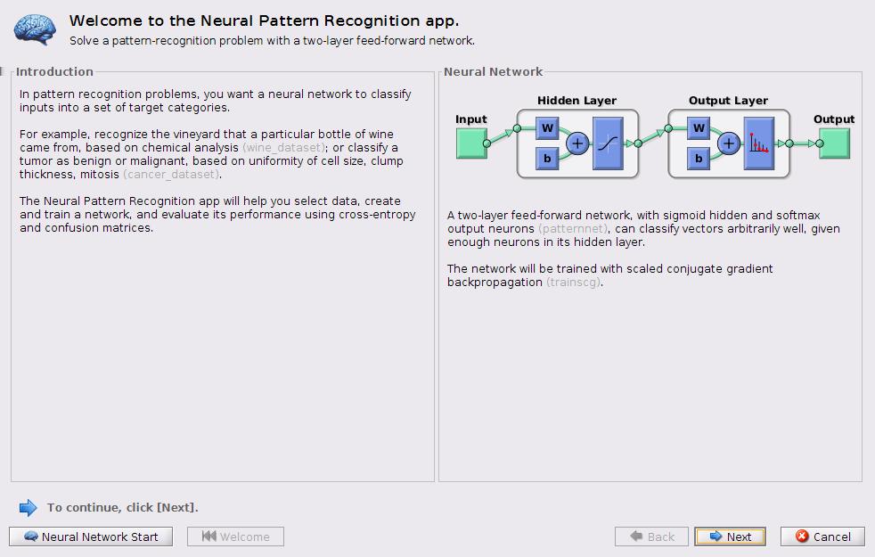 Παράδειγμα χρήσης του nprtool (1/11) Επιλέγουμε Pattern Recognition app στην κύρια σελίδα του διαλόγου nnstart ή δίνουμε
