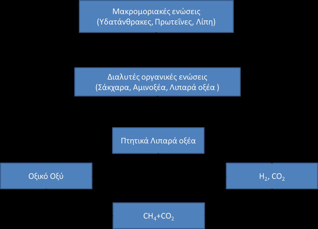 Εικόνα 11. Μηχανισμός παραγωγής βιοαερίου στα απόβλητα των ΧΥΤΑ 1. Υδρόλυση, 2. Ζύμωση, 3 Οξικογένεση, 4. Μεθανογένεση (Mebarki et al.