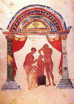 102 Ματιές στην Ιστορία της Ιατρικής/Glances in the History of Medicine Εικ. 2. Ανάταξη εξαρθρήματος κάτω γνάθου, όπως απεικονίζεται στον παλαιότερο εικονογραφημένο Ιατρικό Κώδικα.