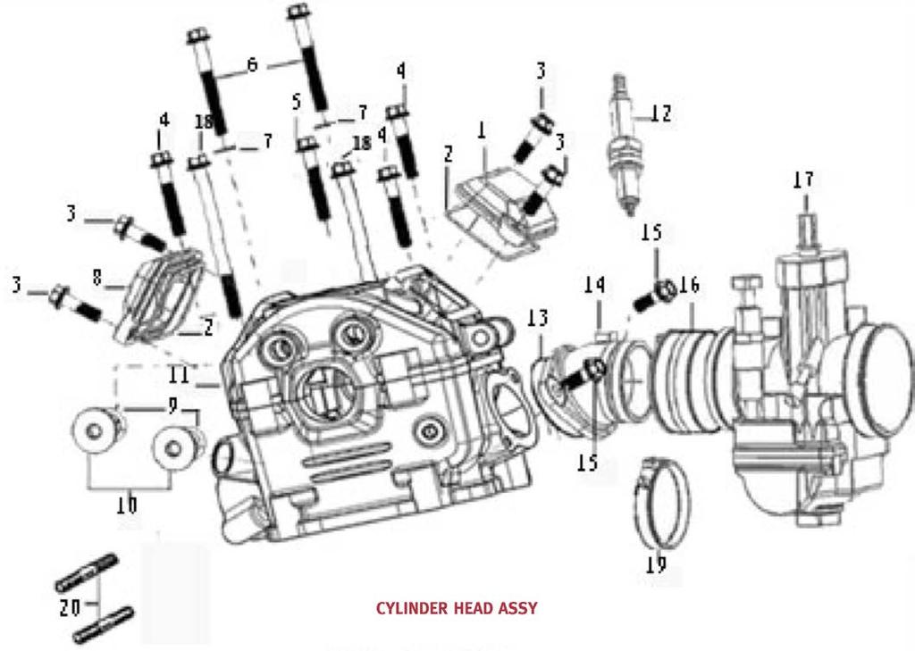 Evo 3 250cc Water-Cooled 4 Valve Engine Parts CYLINDER HEAD ASSY 1 230-ME30-00000W COVER, VALVE CHAMBER 1 2 90104-ME30-0000 RING 2 3 B6740A06002070X BOLT M6 20 4 4 B6740A06003070X BOLT M6 30 3 5