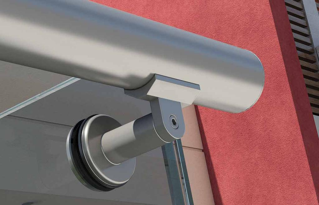 The handrails are designed to be mounted and secured on the glass panel using rubber gaskets.