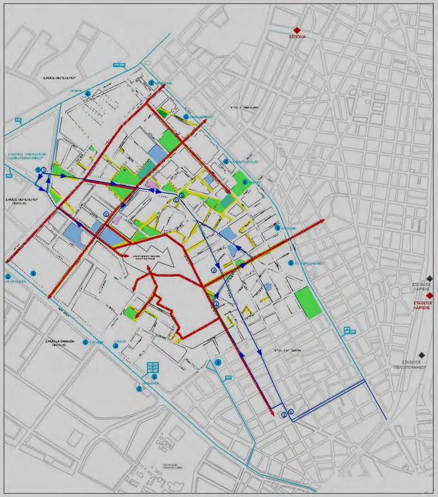 ΔΙΚΤΥΟ ΡΟΗΣ ΠΕΖΩΝ ΚΑΙ ΠΟΔΗΛΑΤΩΝ Πρόταση κυκλοφορίας μμμ - ποδηλάτων - πεζών Αμιγείς πεζόδρομοι, πεζόδρομοι κατά μήκος οδών, εγκάρσιες στοές, δρόμοι ήπιας κυκλοφορίας