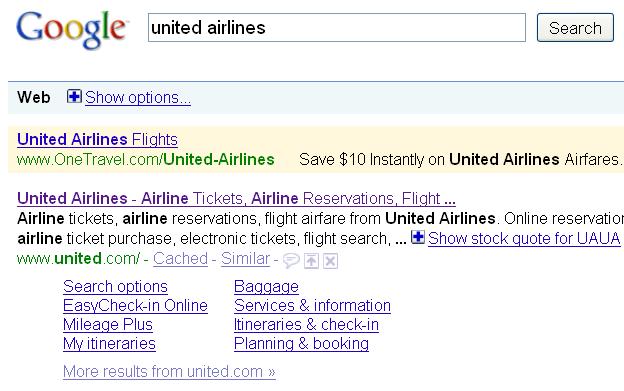 Quicklinks Για navigational query (όταν ψάχνουμε μια συγκεκριμένη σελίδα) όπως united airlines οι χρήστες