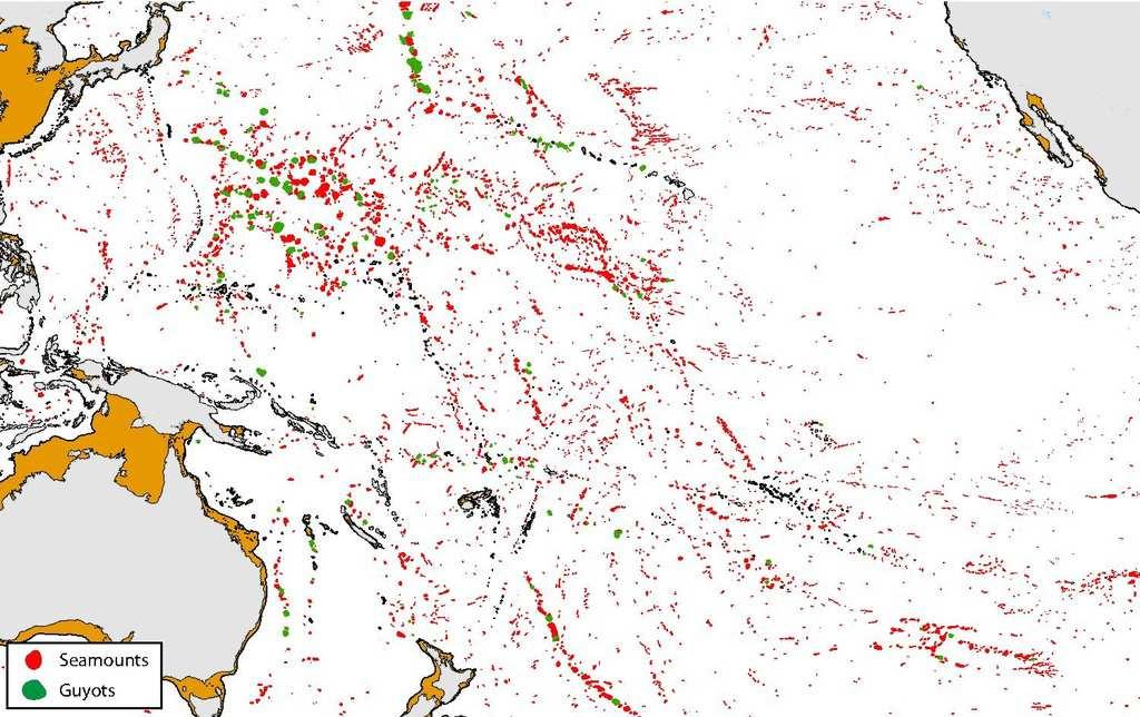 Emperor Seamounts [Α], και στη συνέχεια τους η αλυσίδα των νήσων της Χαβάης (Hawaiian Chain, [B]), είναι ένα χαρακτηριστικό παράδειγµα