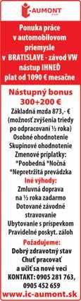 POŽIADAVKY: - samostatnosť, flexibilita, zodpovedný prístup k práci - svedomité plnenie príkazov nadriadeného pracovníka PONÚKAME: - práca v prosperujúcej spoločnosti - prídel hydiny a vajec za