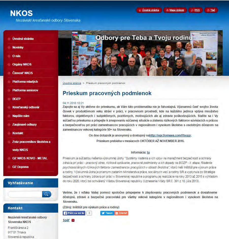 Obrázok 21 Zverejnenie Oznamu o prieskume pre zamestnancov/kyne na web stránke NKOS 2) prieskum, ktorý bol určený pre zamestnávateľov v regionálnom i vysokom školstve, tzn.