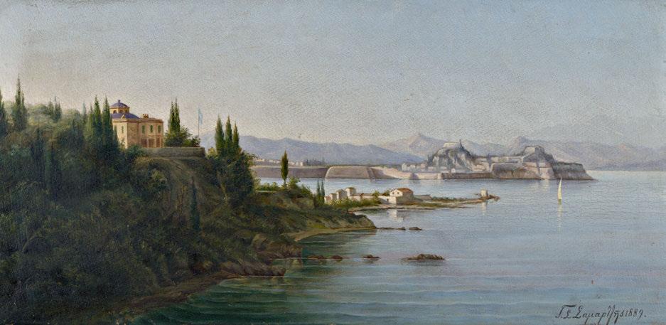 427 427 ΣΑΜΑΡΤΖΗΣ, Γεώργιος, 1868-1925. Κέρκυρα. Λάδι σέ χαρτόνι, 310 x 610 mm. Ὑπογεγραμμένο καί χρονολογημένο κάτω δεξιά: «Γ. Σ. Σαμαρτζῆς 1889». Σέ κορνίζα. 1.000-1.