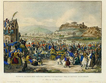 Griechenland Abschied zu München, am 6 December 1832. Μόναχο, Piloty & Loehle, [π. 1835]. Λιθογραφία, 446 x 345 mm. (λεκές ἀπό νερό στό κάτω περιθώριο). Χαραγμένη ἀπό τόν F.