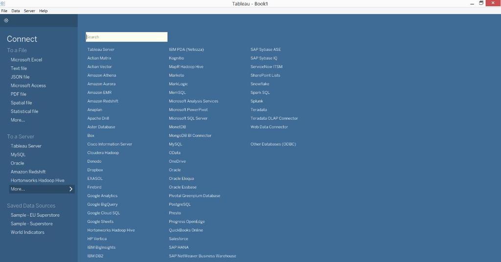 Εικόνα 32: Tableau - Επιλογές σύνδεσης με βάσεις ή αποθήκες δεδομένων Από την λίστα, επιλέγεται το Hortonworks Hadoop Hive και στην καρτέλα σύνδεσης (εικόνα 33) υποδεικνύεται η διεύθυνση του