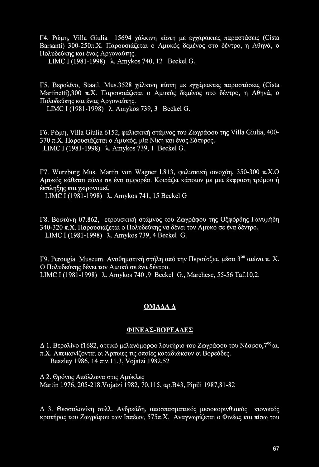 LIMC 1(1981-1998) λ. Amykos 739, 3 Beckel G. Γ6. Ρώμη, Villa Giulia 6152, φαλισκική στάμνος του Ζωγράφου της Villa Giulia, 400-370 π.χ. Παρουσιάζεται ο Αμυκός, μία Νίκη και ένας Σάτυρος.