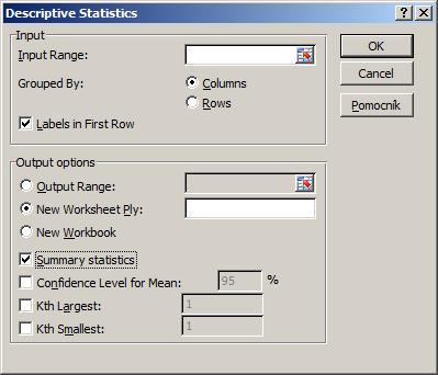 Po otvorení okna Descriptive Statistics (obr. 58) v časti Input do poľa Input Range zadáme rozsah vstupných údajov, z ktorých sa má štatistický rozbor urobiť.