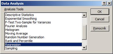 obr. 65 Argumenty funkcie SLOPE Komplexnejšie hodnoty regresnej analýzy poskytuje nástroj Data Analysis, z ktorého vyberieme Regression (obr. 66). obr.