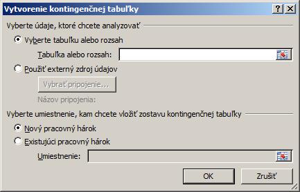 obr. 77 Vstupné údaje kontingenčnej tabuľky V časti Vyberte údaje, ktoré chcete analyzovať zvolíme položku Vyberte tabuľku alebo rozsah a potom do poľa Tabuľka alebo rozsah zadáme rozsah buniek,