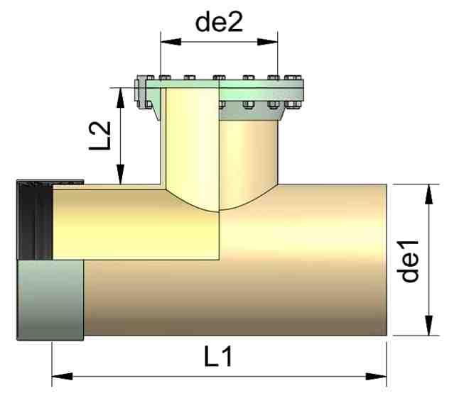 DN 2 150 200 250 300 350 400 500 600 700 800 de2 [mm] 168 220 272 324 376 427 530 616 718 820 L 2* 240 245 245 255 260 265 275 285 330 330 DN 1 de1 [mm] L 1* [mm] 1600 1638 1500 1500 1500 1500 1500