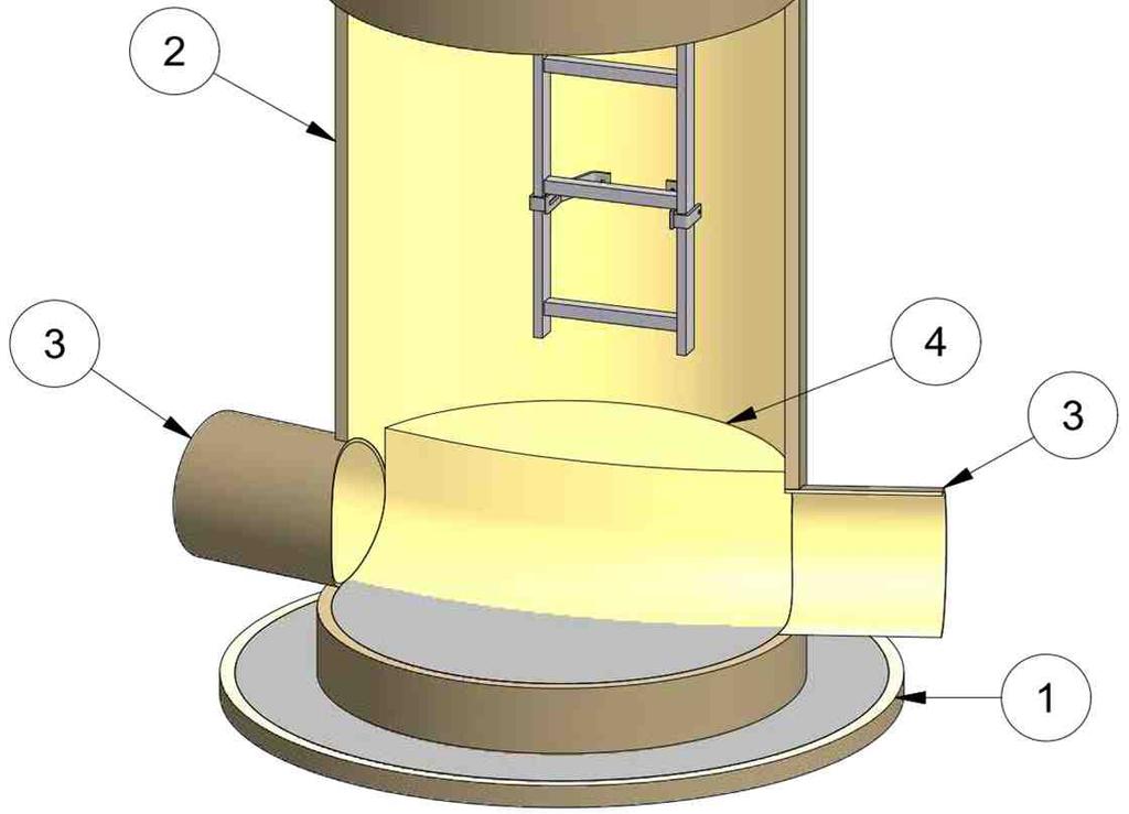 pre vstup do šachty 3 Vtokové/odtokové potrubie 4 Podesta (možné upraviť v závislosti na národných pomeroch) 5 Spojka šachtového potrubia (ako vzor v niekoľkých častiach) 6 Rebrík 7