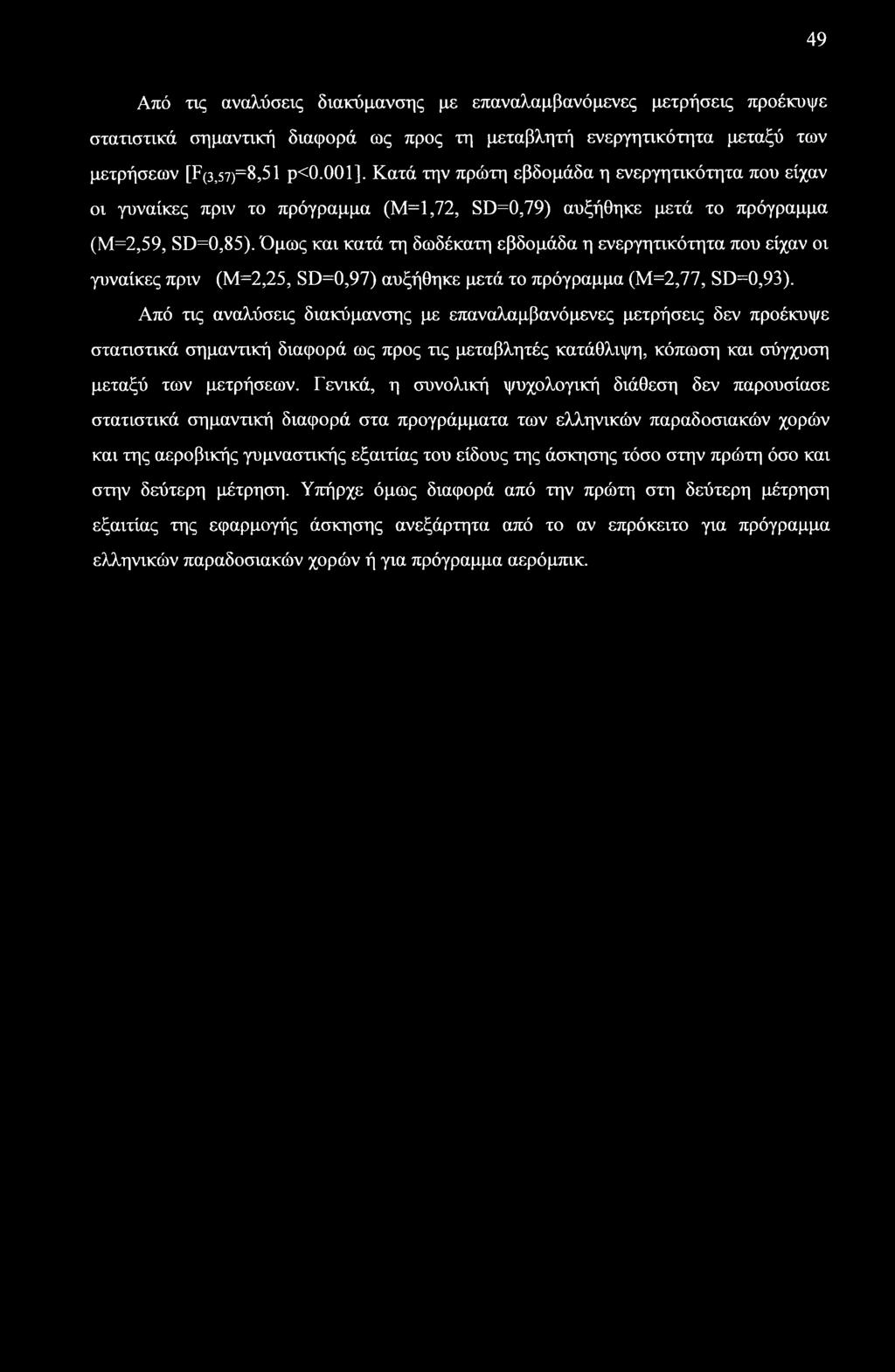 49 Από τις αναλύσεις διακύμανσης με επαναλαμβανόμενες μετρήσεις προέκυψε στατιστικά σημαντική διαφορά ως προς τη μεταβλητή ενεργητικότητα μεταξύ των μετρήσεων [F(3,57)=8,51 ρο.οοι].