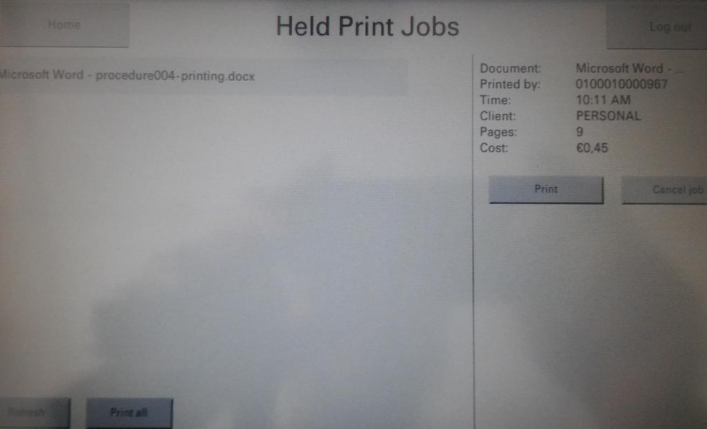 Εικόνα 11: Λίστα επιλεγμένων εκτυπώσεων. Όταν επιλέξετε την επιλογή Print Job(s), οι εκτυπώσεις που επιλέξατε εκτυπώνονται, και χρεώνεστε το αντίστοιχο ποσό.