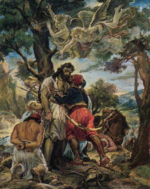 ανδρών τα μοιργιολόγια, γι' αυτά τα ηρωικά κορμιά στον κάμπο ξαπλωμένα, και μές στο αίμα το πολύ είν' όλα βουτημένα.